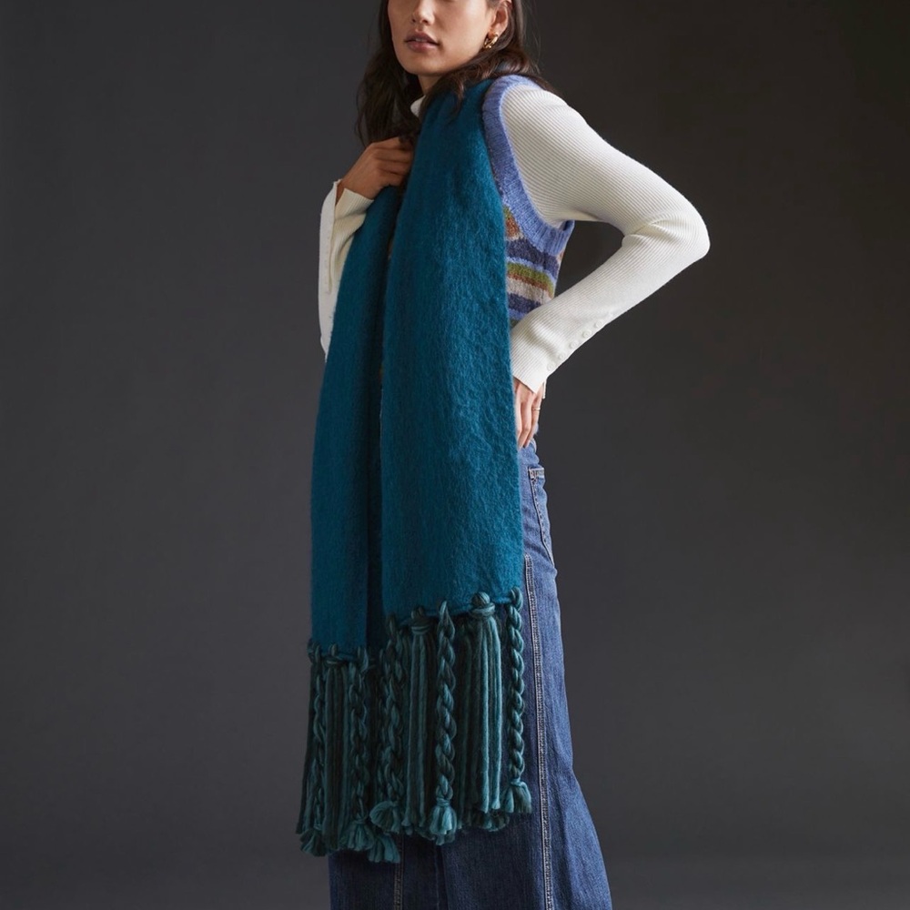 Anthropologie Blue Teal Braided Fringed Tassle Women's Scarf